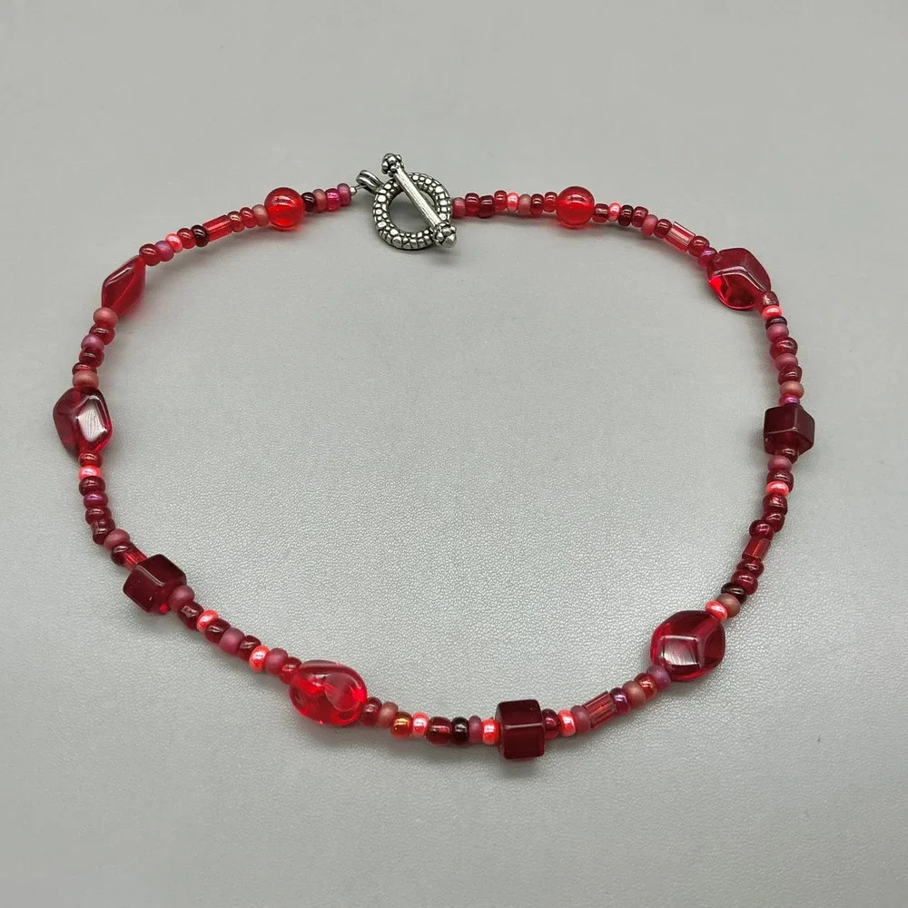 Beaded Necklace Women Red Glass Multi Shape Eclectic Artisan Toggle Clasp 14 In